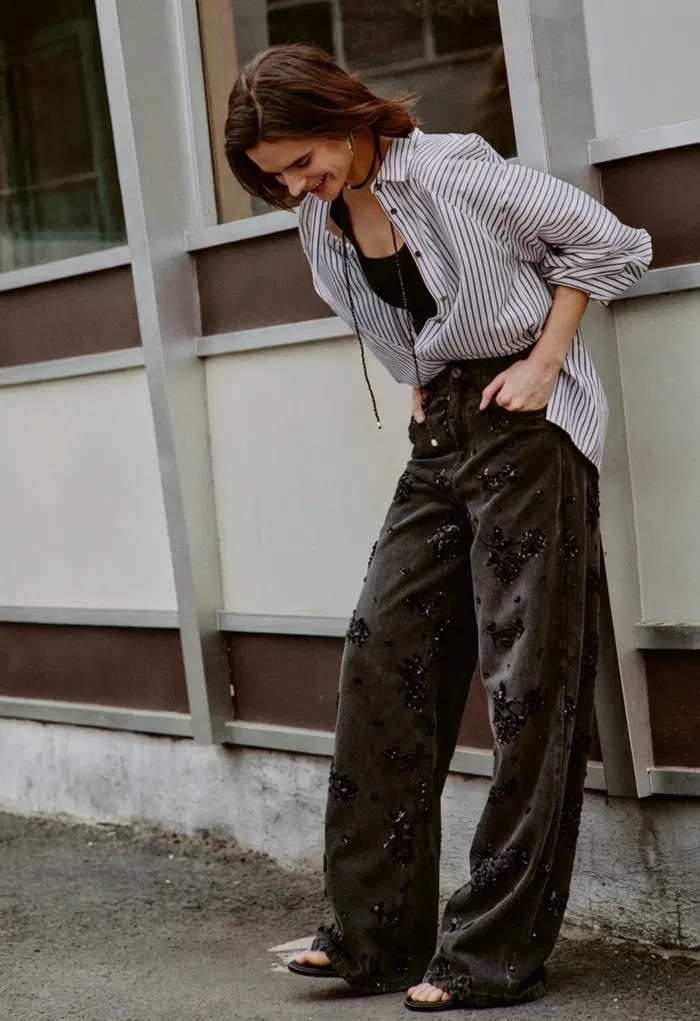 Star Hand Beaded Rose Embellishment Straight Leg Jeans in Beaded Cotto | Fabrique