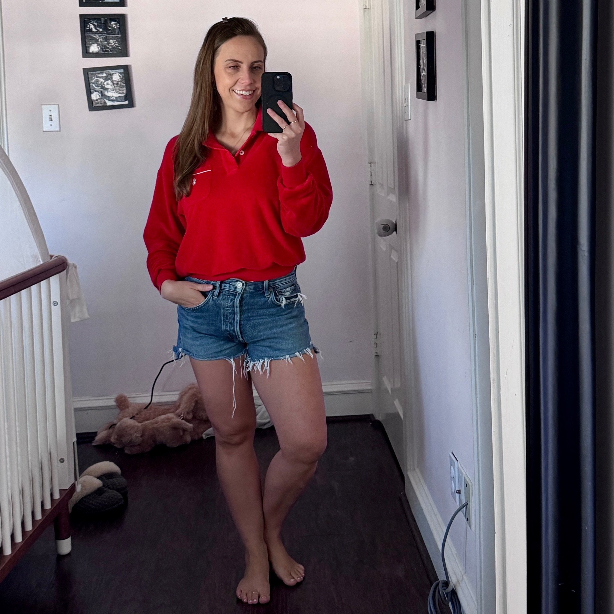 Size 25 in shorts and size small in this terry long sleeve collared top.

#LTKootd #LTKPetite #LTKTravel