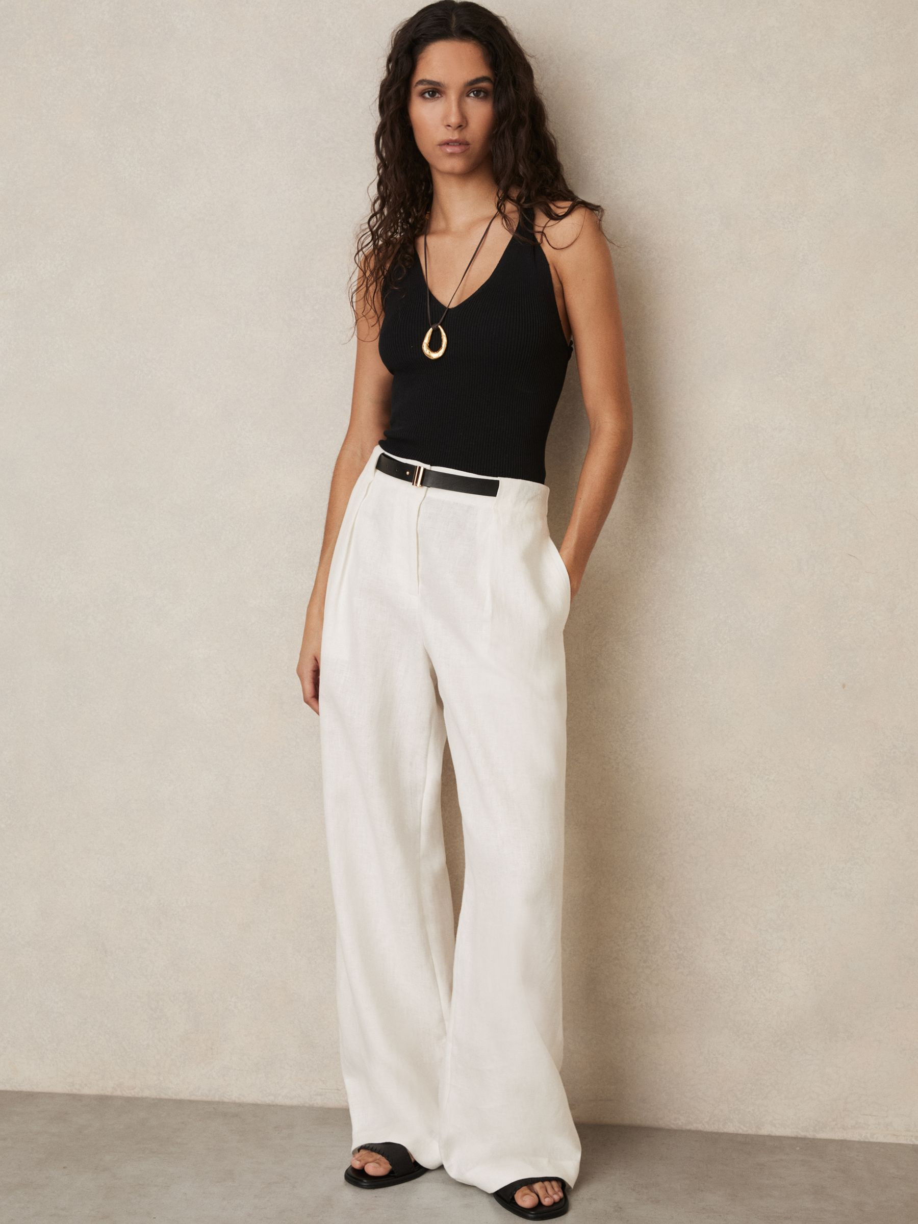 Reiss Linen Belted Wide-Leg Trousers in White - REISS | Reiss UK