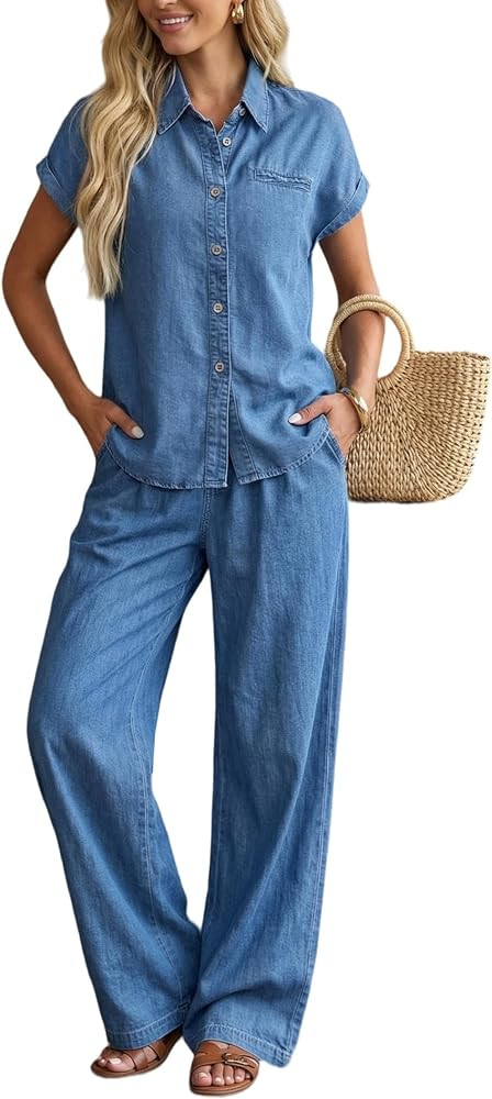 heipeiwa Women's 2 Piece Denim Outfits Summer Lightweight Short Sleeve Button Down Shirts Wide Le... | Amazon (US)