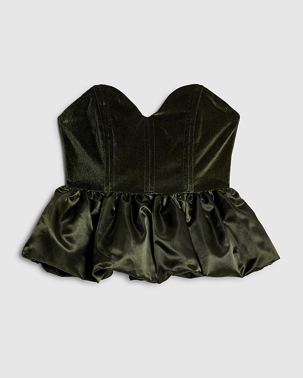 Green Velvet Sleeveless Bandeau Peplum Top | River Island UK & IE