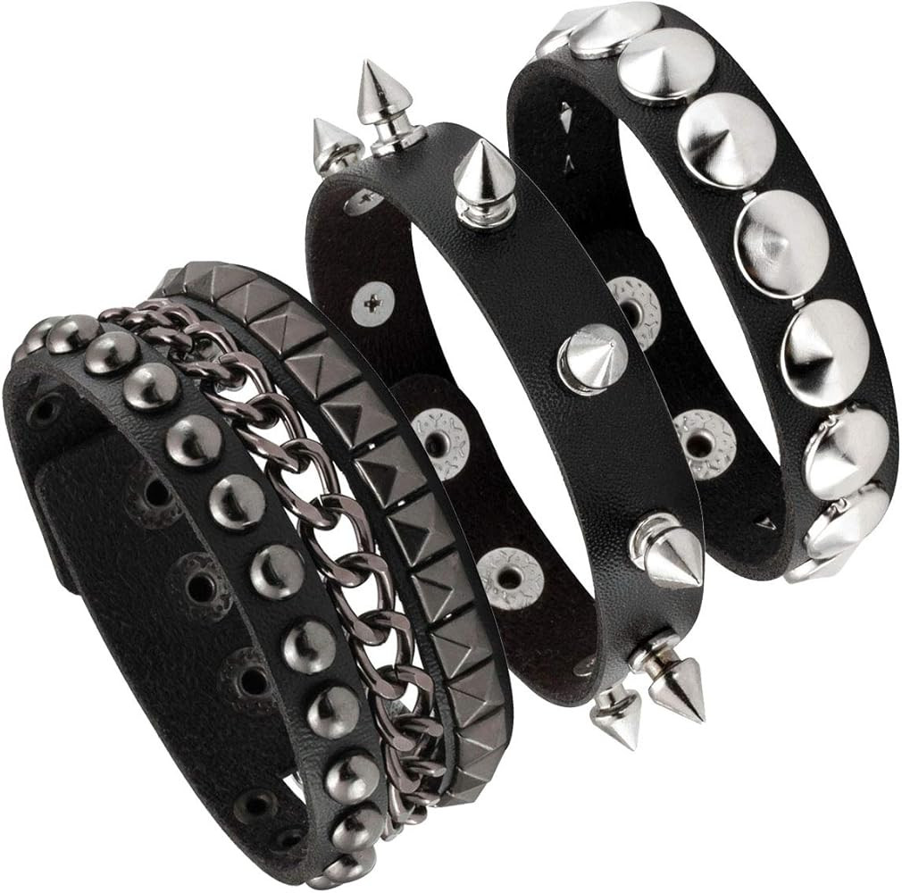 Eigso 3 Pcs Leather Punk Bracelets for Men Women of Rock Rivet Wrap Retro Spike Bracelet Adjustable | Amazon (US)