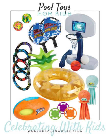Pool toys include pool basketball hoop, pineapple pool floaty, super soaker football, light up octopus divers, dive rings, diving discs, paddle ball pool toy.

Pool toys, outdoor toys, spring toys, summer toys, water toys, water toy

#LTKkids #LTKunder50 #LTKfamily
