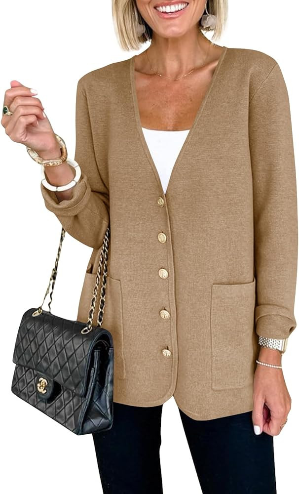 Saodimallsu Womens V Neck Cardigan Button Loose Knit Sweater Blazer Open Front Elegant Cardigans ... | Amazon (US)