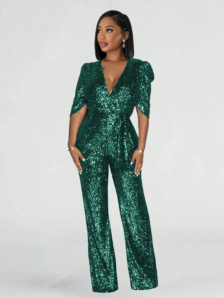 Mono elegante con escote en V y lentejuelas para mujer, ideal para fiestas | SHEIN