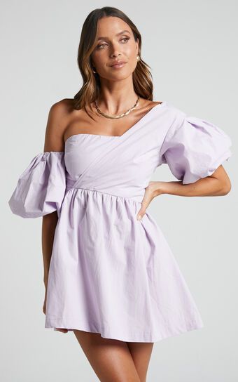 Sula Mini Dress - Asymmetric Off One Shoulder Puff Sleeve Dress in Lilac | Showpo (US, UK & Europe)