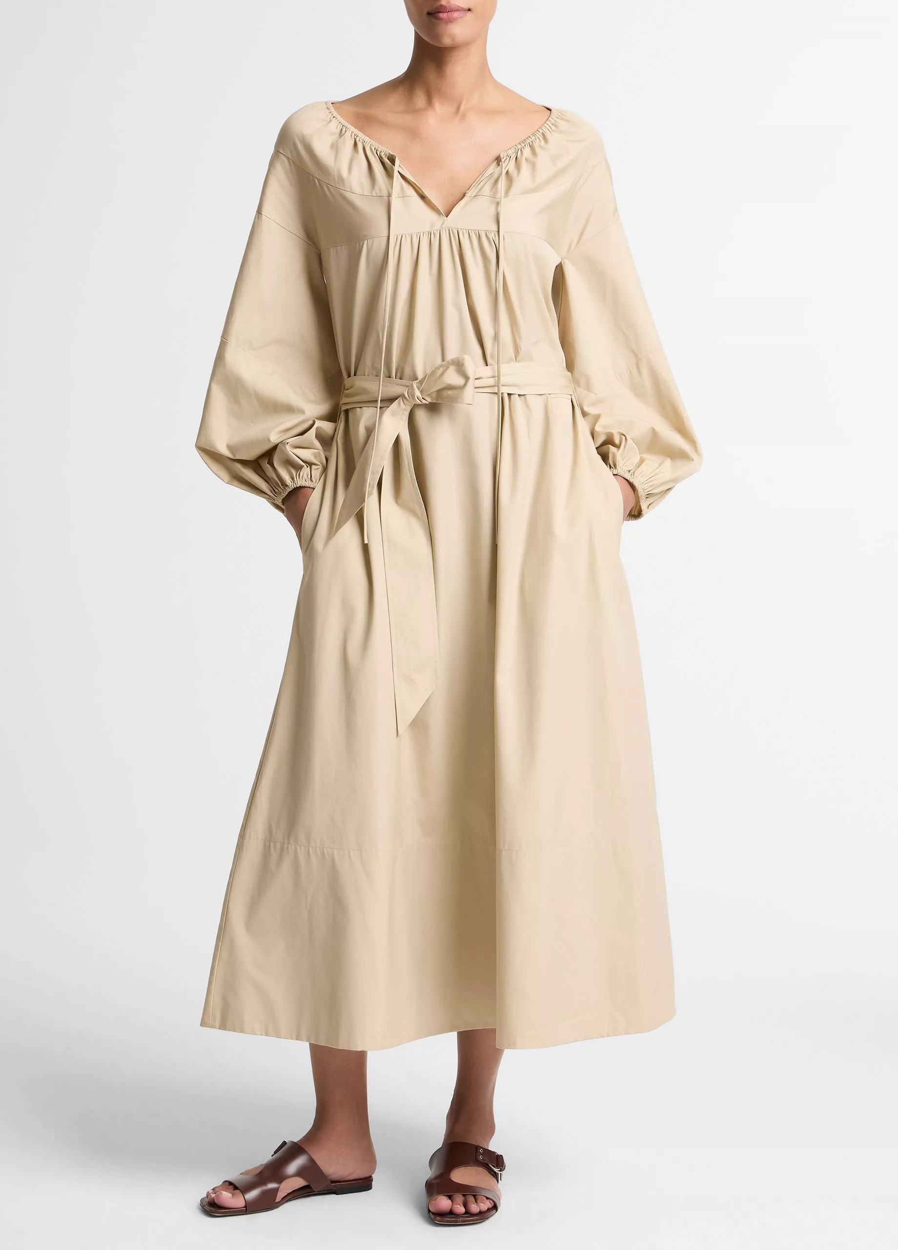 Shirred Cotton Belted Tie-Neck Dress | Vince LLC