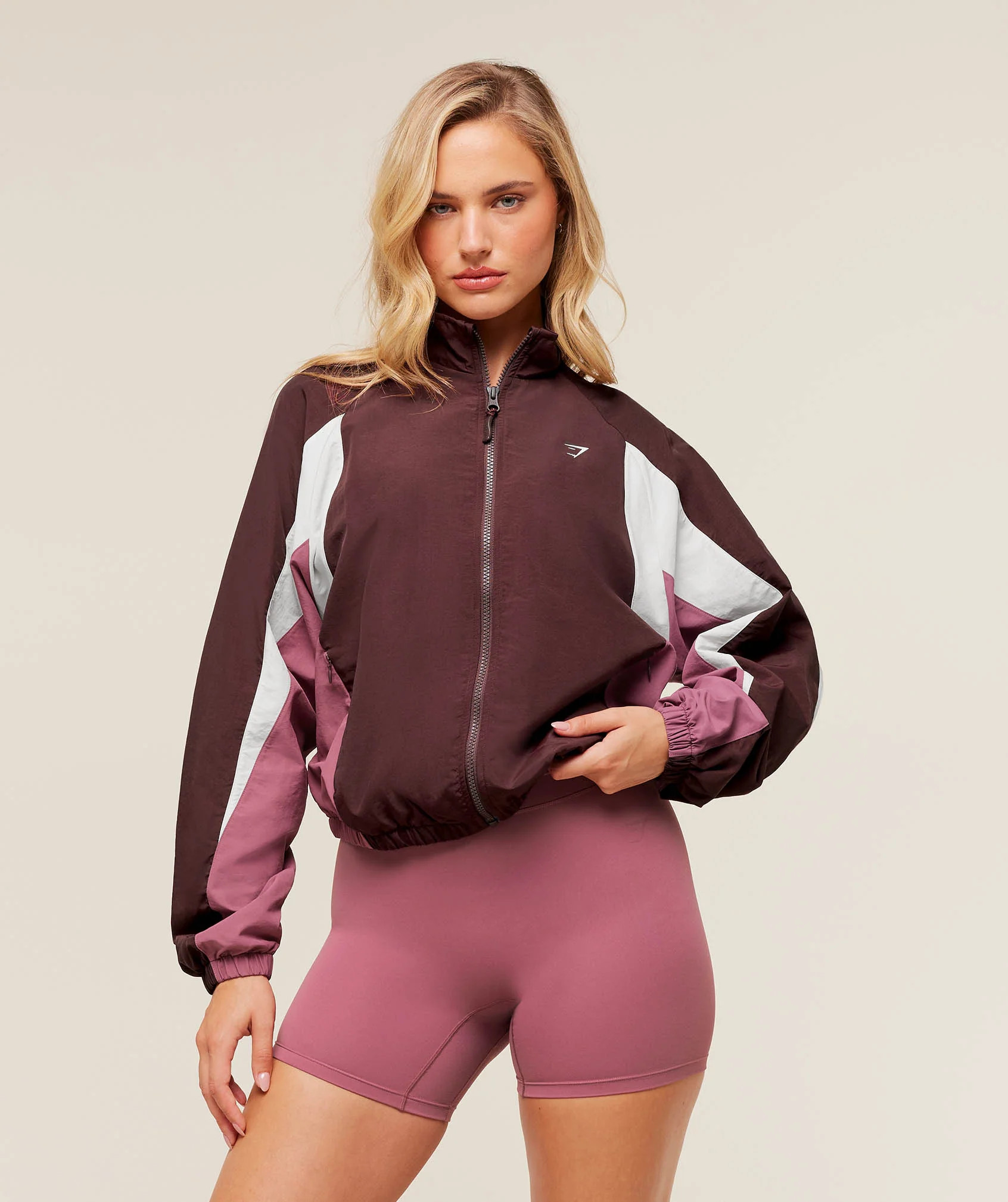 Gymshark Contrast Woven Jacket - Rich Maroon/Reset Pink/Oat White | Gymshark US