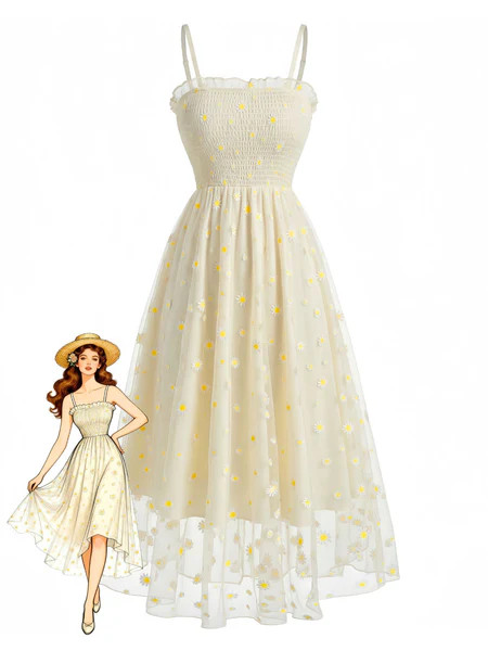Light Yellow 1950s Daisy Embroidered Smocked Tulle Midi Dress | Retro Stage