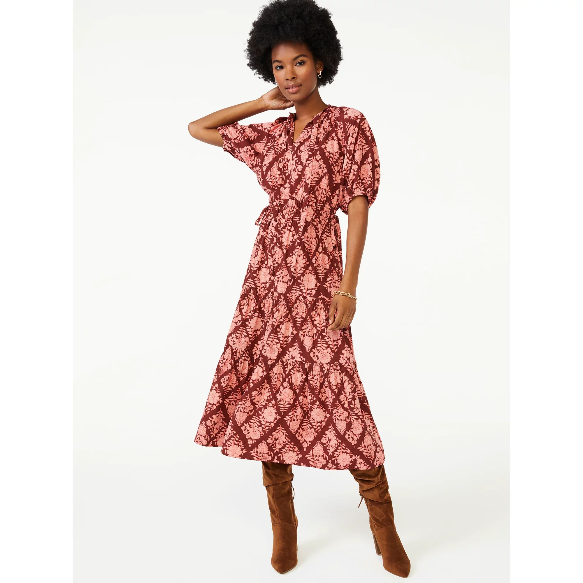 Scoop - Scoop Women's Split Neck Tiered Midi Dress - Walmart.com | Walmart (US)
