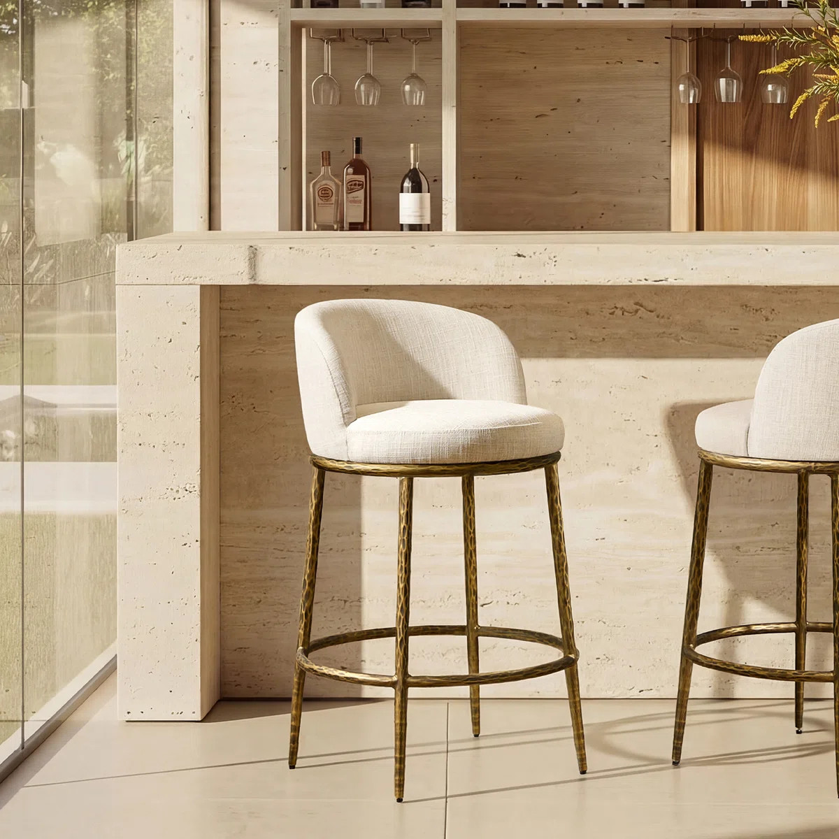 26.5" Modern Glam Upholstered Bar Stool with Hammered Metal Legs & Curved Low Back for Kitchen Is... | Joss & Main