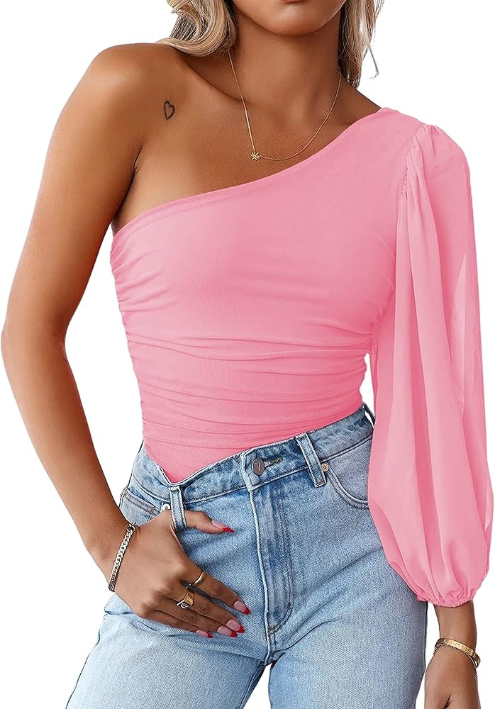MASCOMODA Womens Fashion 2024 Spring Mesh Long Sleeve One Shoulder Tops Solid Stretch Ruched Lant... | Amazon (US)