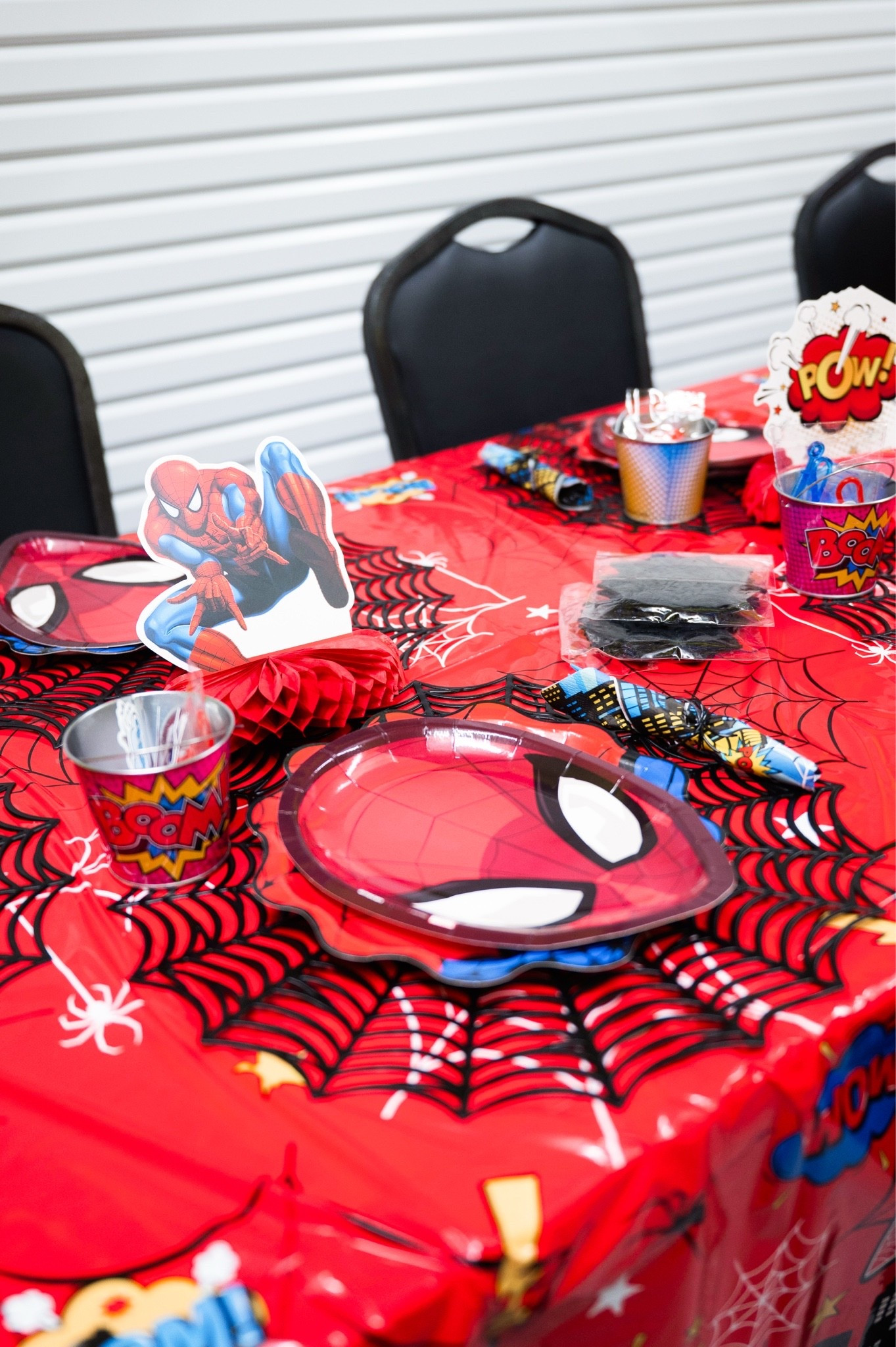 Kids spiderman birthday party table set up decorations