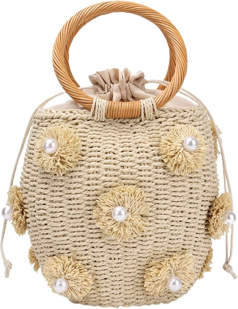 Lanpet Straw Beach Bag for Women Summer Drawstring Woven Tote Bag Flower Pearls Bucket Handbags | Amazon (US)