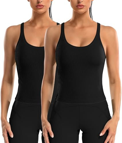 ATTRACO Workout Tank Tops for Women Black Tight Sleeveless Tanks with Built in Padded Bra 2 Pack XL | Amazon (US)