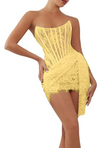 ZSWWYibo Yellow Strapless Lace Cocktail Party Dresses Sexy Corset Mini Prom Dresses Dating Dress for Women's us10 | Amazon (US)