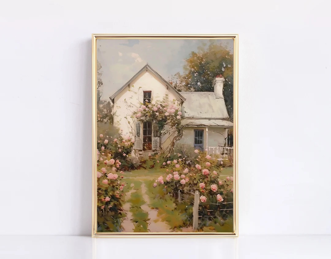 Rose Cottage House Print Vintage Muted Tone Painting Digital Print Neutral Vintage Girl Nursery V... | Etsy (US)