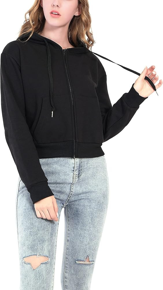 Cropped Zip Up Hoodie Women White Black Grey Cotton Fleece Zipper Short Crop Sweatshirt Jacket Sw... | Amazon (US)