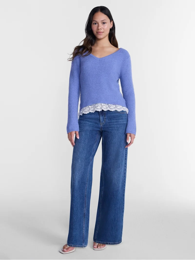 No Boundaries V-Neck Pullover Sweater with Lace Trim, Women's, Sizes XS-XXXL | Walmart (US)