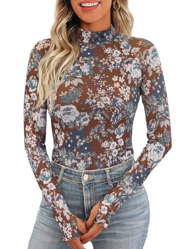 Dealmore Lace Long Sleeve Floral Mesh Mockneck Going Out Tops for Women Fashion Fall Outfits 2025 Floral Brown L | Amazon (US)