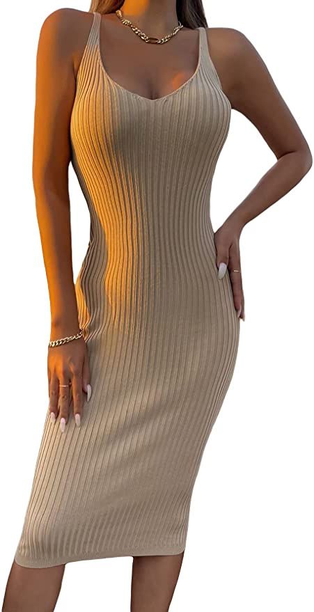 SOLY HUX Women's Elegant Ribbed Knit Sleeveless V Neck Bodycon Pencil Midi Dress Solid Long Summe... | Amazon (US)