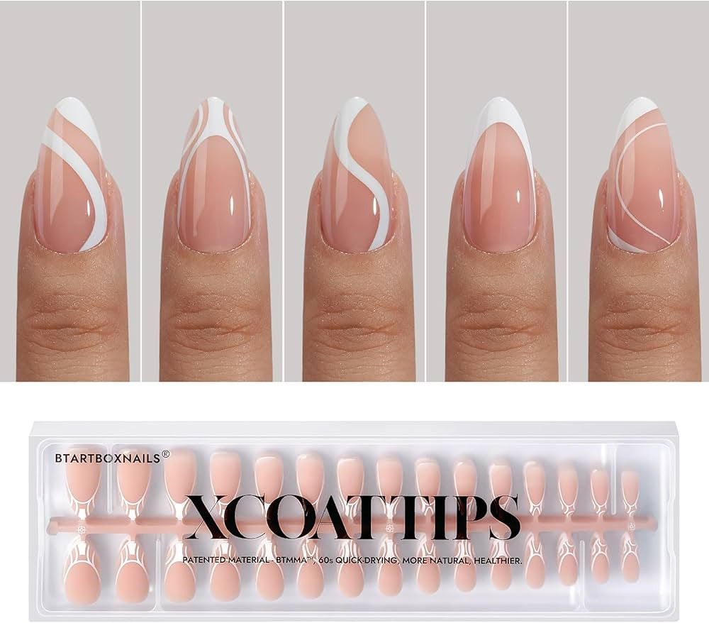 BTArtbox Press On Nails Almond - 5 Styles XCOATTIPS French Tip Almond Nails, Pre-Designed Swirl S... | Amazon (US)