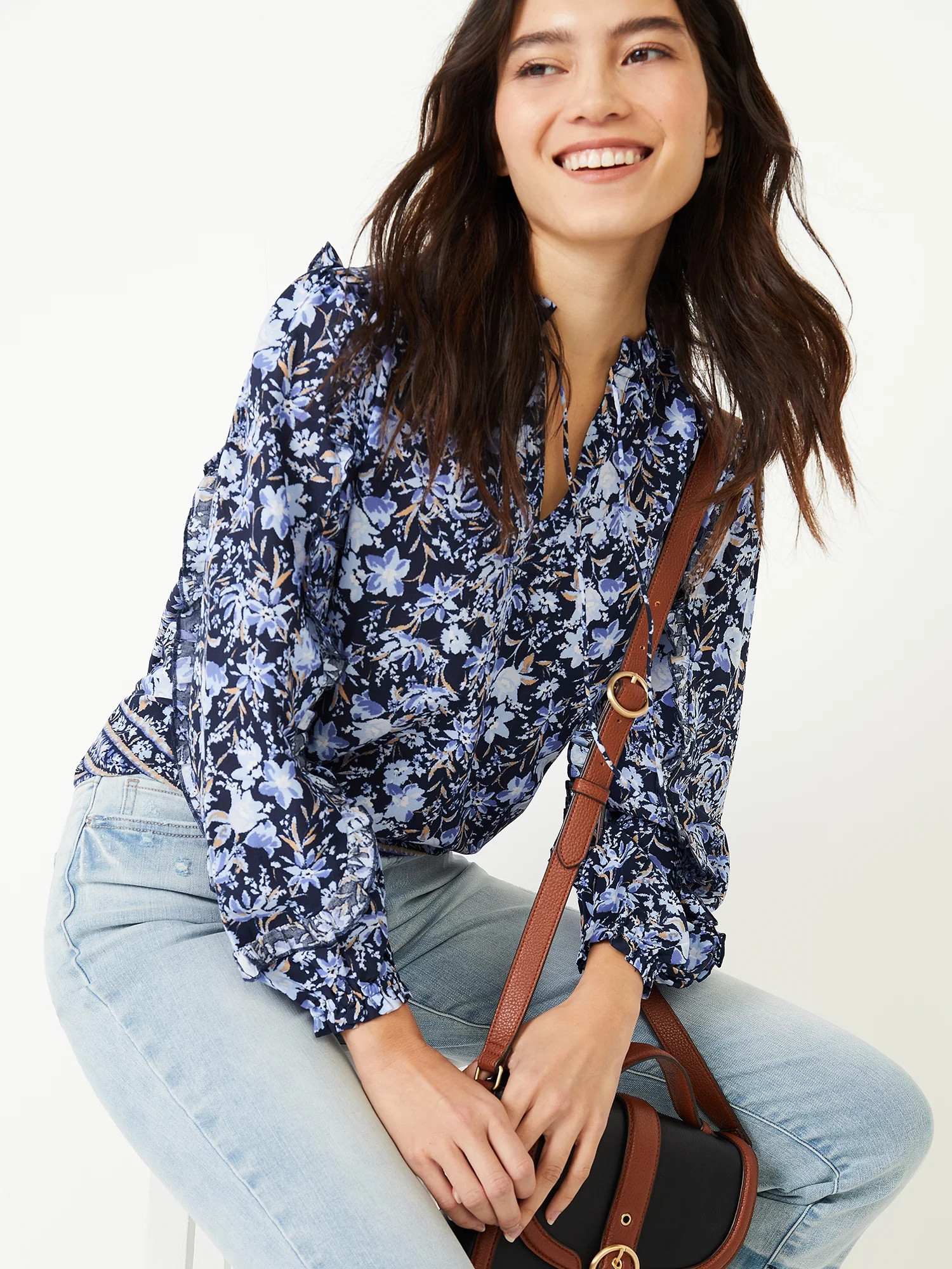 Time and Tru Women's Mixed Print Ruffle Top with Long Sleeves - Walmart.com | Walmart (US)