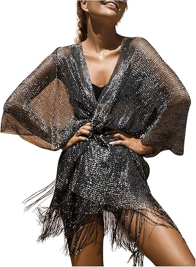 WDIRARA Women's Sheer Beach Kimono Glitter Fringe Trim Shawl Cardigan Swim Cover Up | Amazon (US)