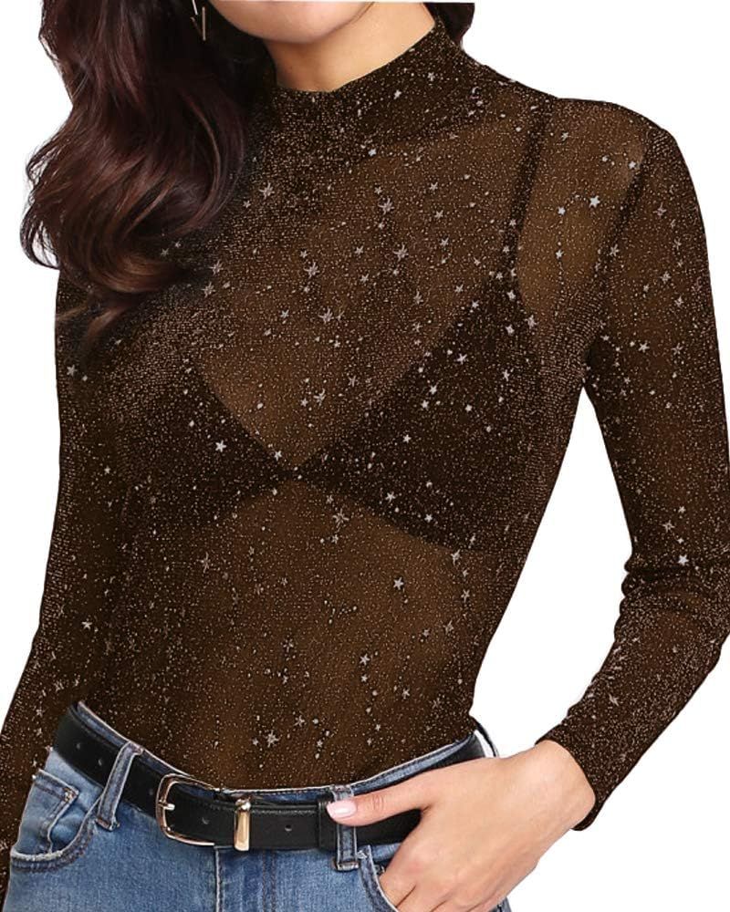 MANGOPOP Women's Long Sleeve Short Sleeve Glitter Sheer Mesh Tops T Shirt Blouse Clubwear | Amazon (US)
