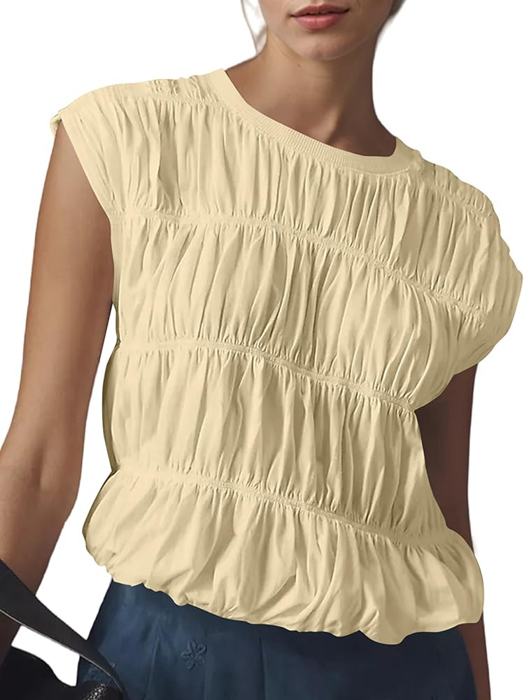 MISSACTIVER Women's Cute Tiered Shirred Bubble Top Solid Casual Crew Neck Cap Sleeve Tank Top Bab... | Amazon (US)