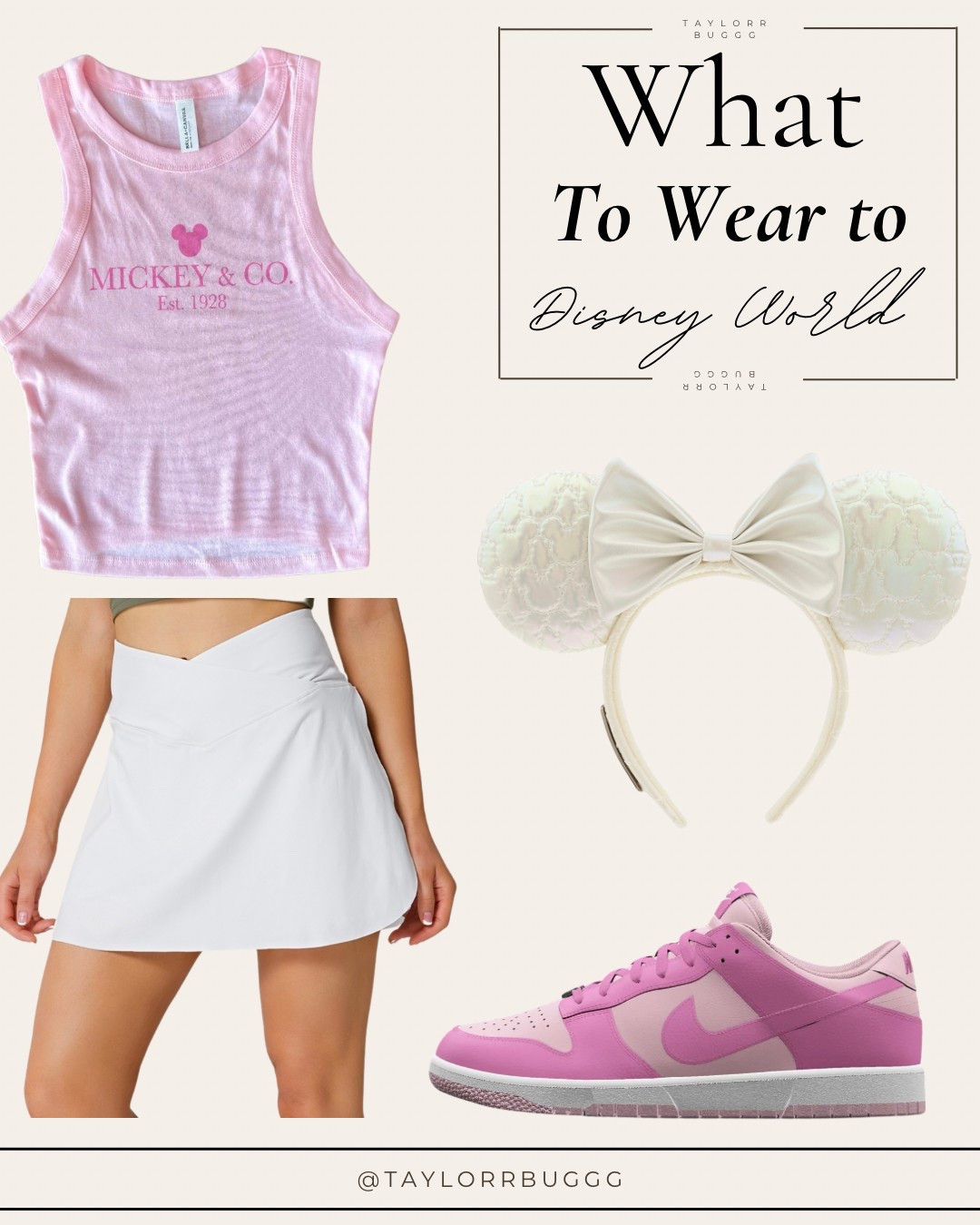 Pretty in pink for Disney! ✨ This spring & summer Disney outfit is perfect for staying comfy and stylish in the parks! Loving this ‘Mickey & Co.’ crop top from Etsy, a flattering Halara white skort, the cutest quilted Minnie ears, and pink Nike Dunks for all-day comfort. Perfect for Magic Kingdom or a girly Disney day! #DisneyOutfit #DisneyStyle #PinkAesthetic #LTKTravel #LTKSpringStyle