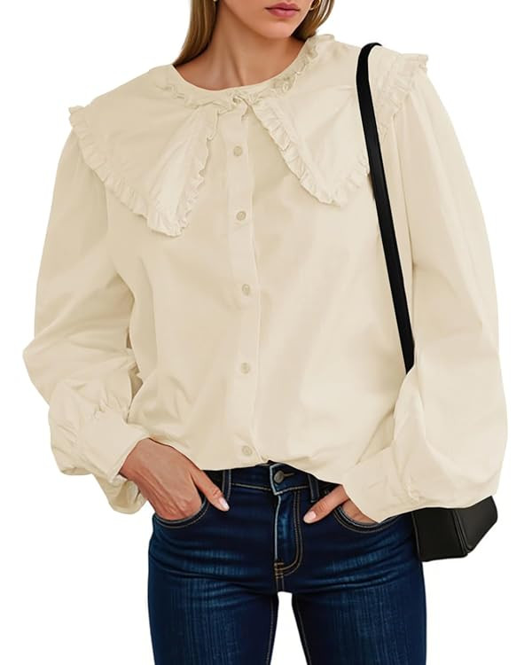 Tankaneo Womens Button Down Shirts Cotton Puff Sleeve Babydoll Blouse Fall Casual Doll Collar Top... | Amazon (US)