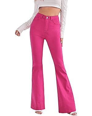 SweatyRocks Women's Casual Denim Pants Heart Print High Waist Stretchy Bell Bottom Flared Jeans | Amazon (US)