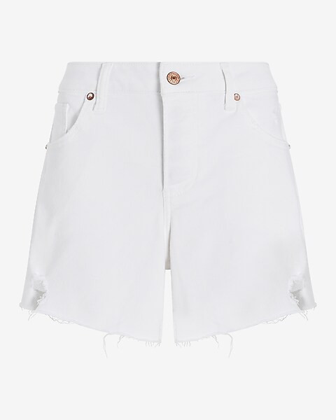 Mid Rise White Covered Button Fly Ripped Boyfriend Jean Shorts | Express