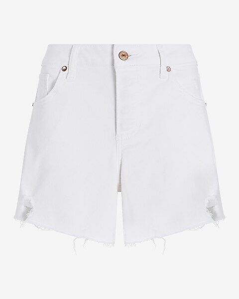 Mid Rise White Covered Button Fly Ripped Boyfriend Jean Shorts | Express
