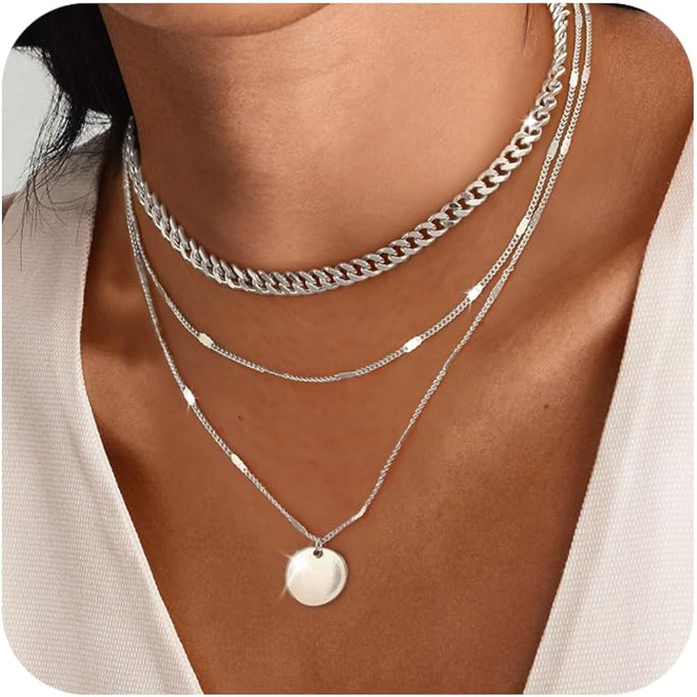 Layered Silver Necklaces for Women, Sterling Silver Stackable Stack Choker Necklaces for Women Tr... | Amazon (US)
