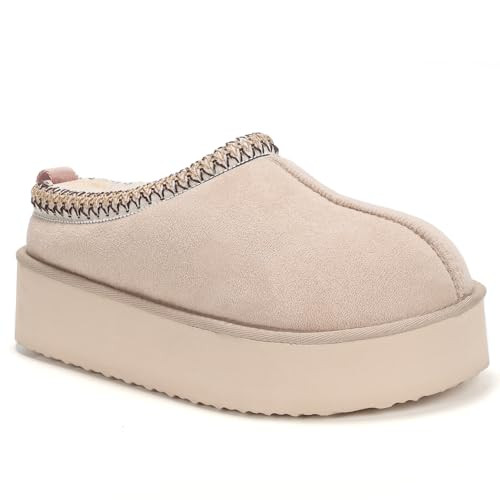 Gdazzio Platform Slippers for Women Fur Fleece Lined Mini Boots Anti-Slip Snow Boots Fluffy House Slippers for Indoor and Outdoor Beige | Amazon (US)