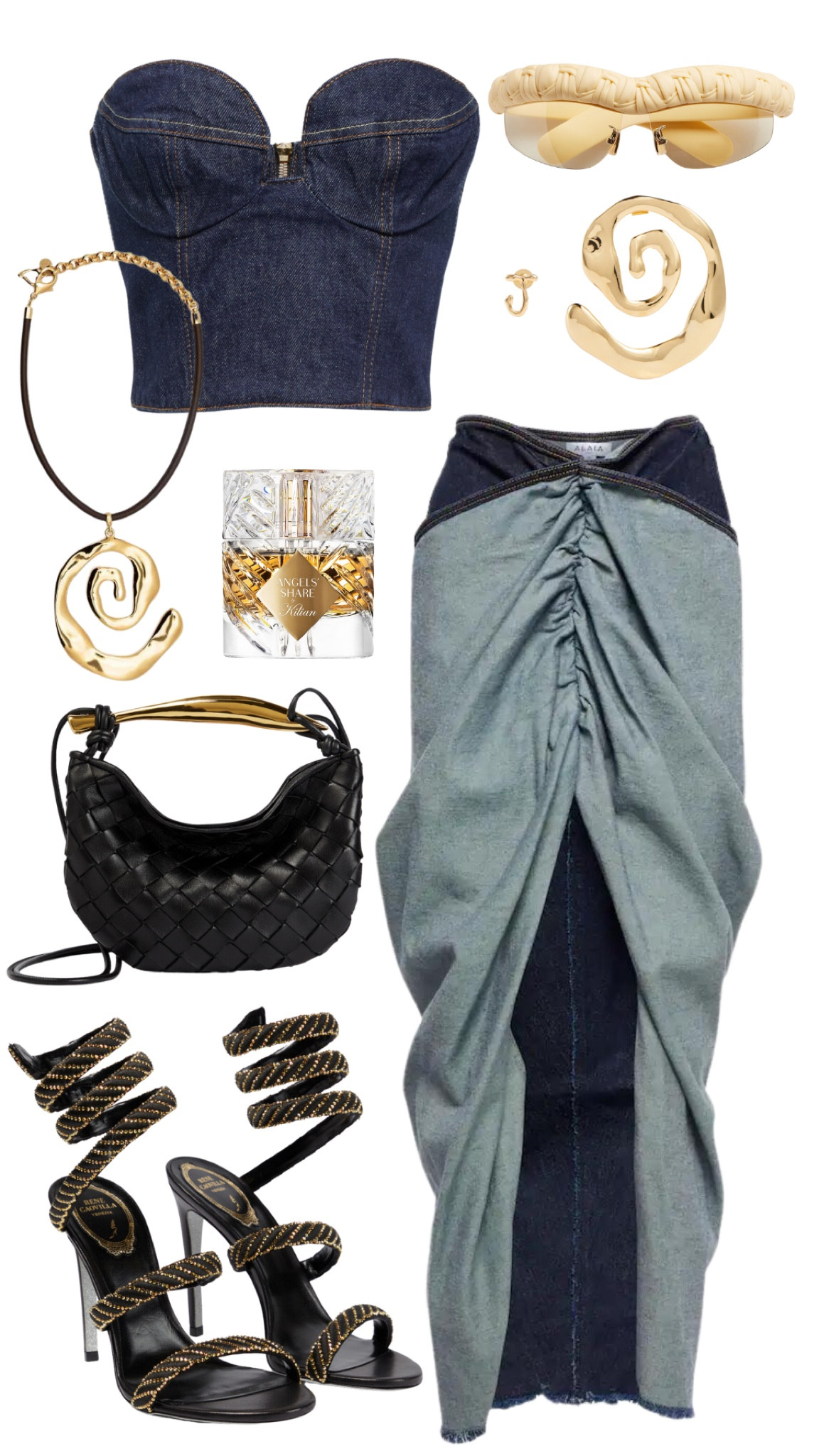 magda butrym bustier 
alaia skirt 
rene coavilla heels 
bottega veneta bag + sunglasses 
jacquemus necklace + earrings 
kilian angel share perfume 

#LTKSeasonal #LTKstyletip #LTKfit