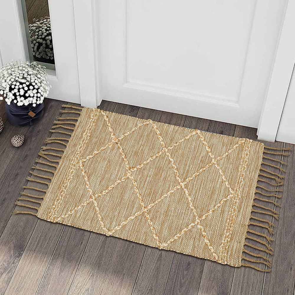 Hausattire Small Jute Boho Rug 2'x3' - Natural Beige, Non Slip Geometric Diamond Farmhouse Accent... | Amazon (US)