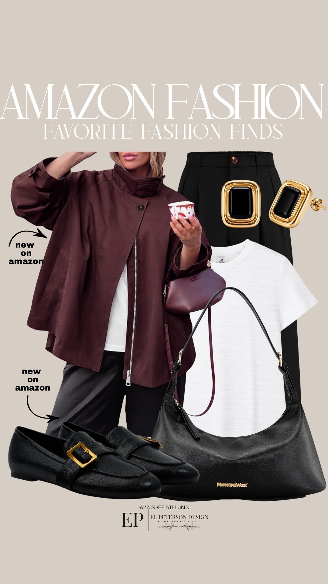 Amazon
Jacket
Slacks
Earrings
Shoes 
Purse
Tshirt