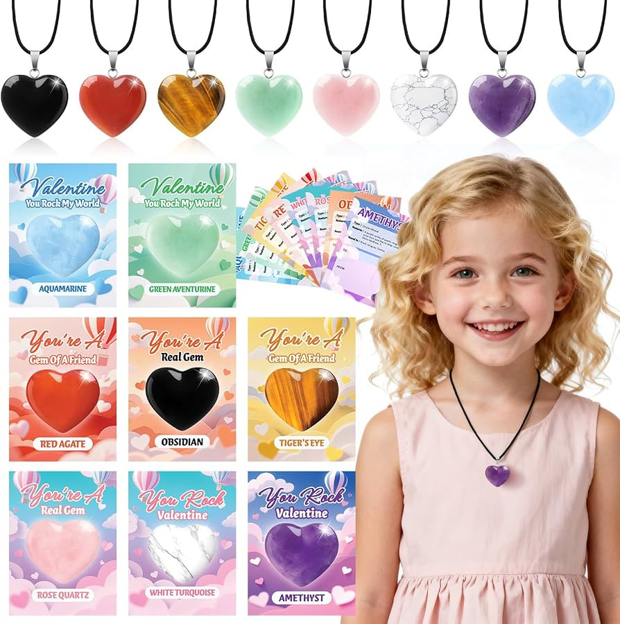 Valentines Day Gifts for Kids, 24 Pack Valentines Day Cards with Heart Stone Necklaces School Cla... | Amazon (US)