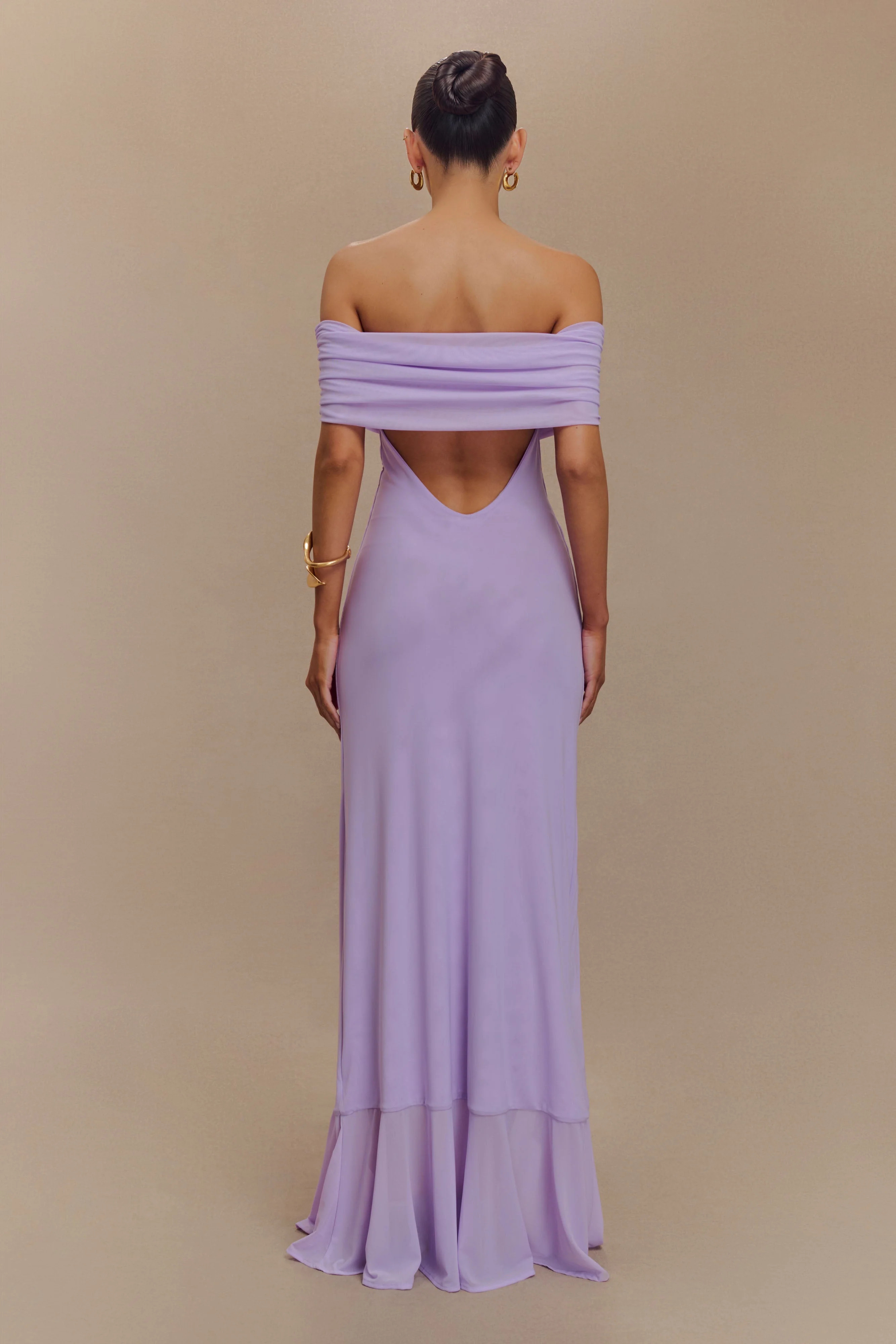 Off Shoulder Mesh Maxi Dress - Lilac | MESHKI US