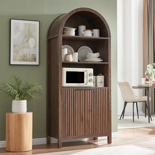 WINWY Arched Cabinet Bookshelf Bookcase - 71” Tall Mid Century Arched Display Cabinets, Rounded Bookshelf with Fluted Doors, Open Shelf Storage Cabinet for Dining Room (Walnut) | Amazon (US)