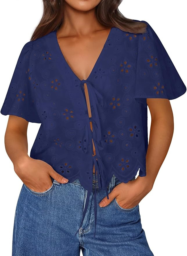 Trendy Queen Womens Summer Tops Cute Boho Blouses Beach Vacation Spring Outfits 2026 Tie Front Ey... | Amazon (US)
