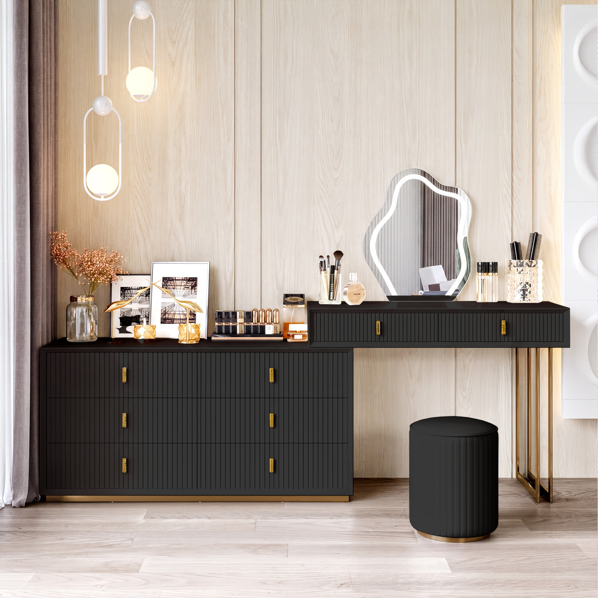 Modern Black Makeup Vanity Set with 6-Drawer Cabinet Dressing Table with Stool & Mirror | Homary