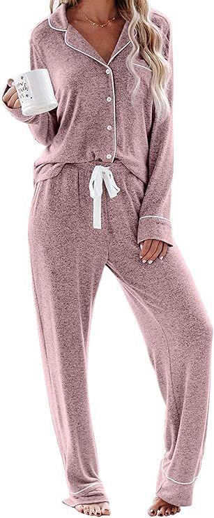 MissyLife Women's Solid Long Sleeve Notched Collar Button Down Pajama Set Drawstring Waist Long P... | Amazon (US)