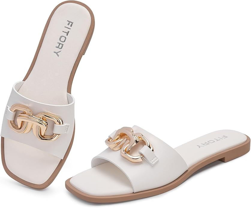 FITORY Women's Flat Sandals Fashion Slides With Soft Leather Slippers for Summer Size 6-11 | Amazon (US)