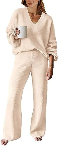ANRABESS Women 2 Piece Outfits Sweater Lounge Sets Long Sleeve Cable Knit Pullover and Wide Leg P... | Amazon (US)