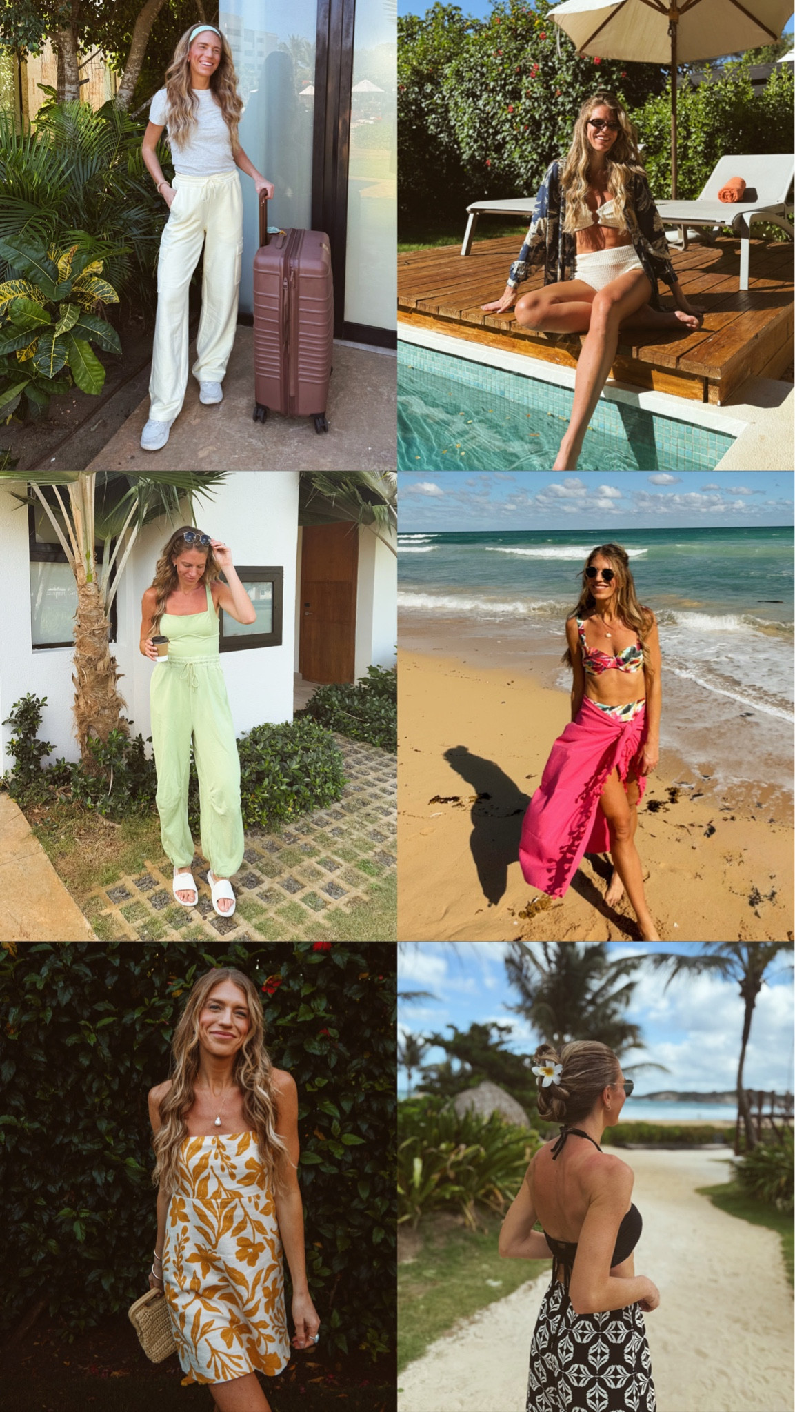 Sizing:
Small tall in wide leg pants. Size down
Small in tops
Small tall in dresses
Small tall in yellow floral romper dress
Small in swim tops from Montce
Medium in black suits 
Small regular in black pants for a high rise croppped length 