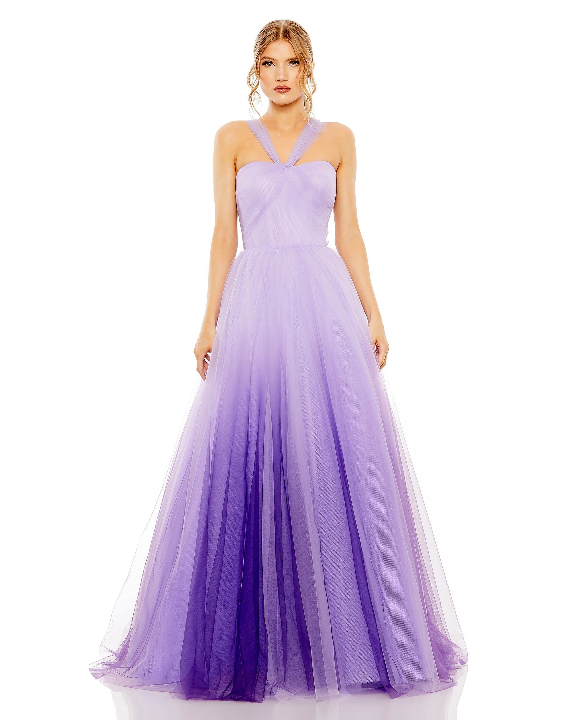 Cross Front Strap Ombre Tulle Gown | Mac Duggal